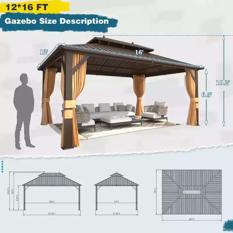 Gazebo de patio en métal de 12 pi L x 16 pi P