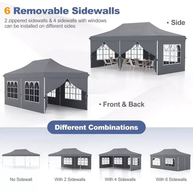 Auvent escamotable extérieur 10 x 20 PI avec 6 parois latérales, sac de transport Bleu/Noir/Gris/Blanc/Rose
