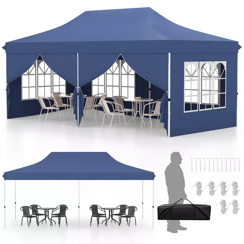 Auvent escamotable extérieur 10 x 20 PI avec 6 parois latérales, sac de transport Bleu/Noir/Gris/Blanc/Rose
