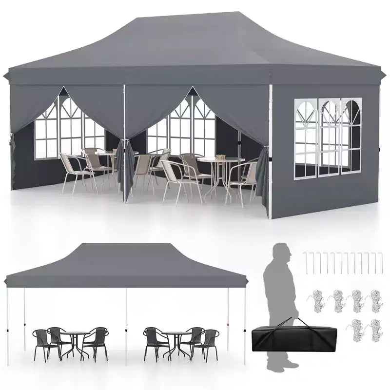 Auvent escamotable extérieur 10 x 20 PI avec 6 parois latérales, sac de transport Bleu/Noir/Gris/Blanc/Rose
