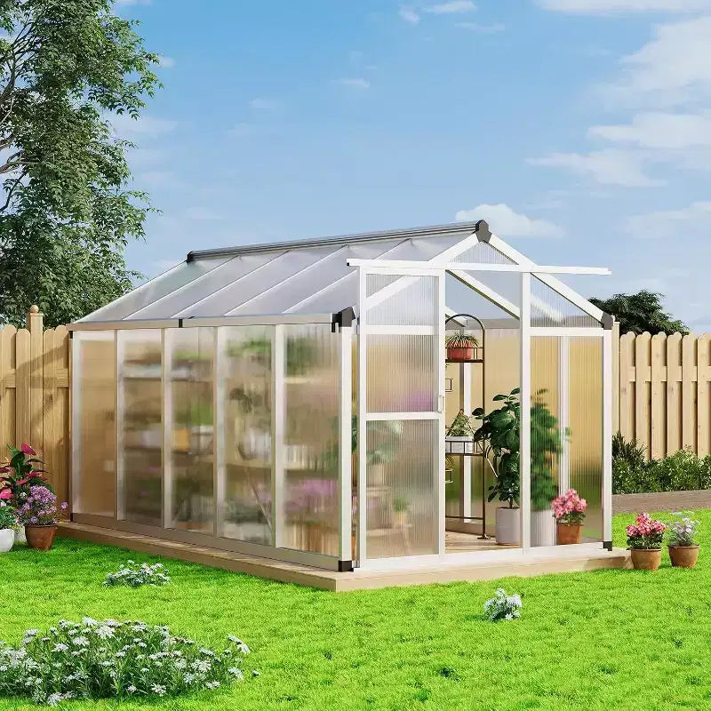 Serre d'extérieur, Serre en polycarbonate avec structure à montage rapide et lucarne de toit, Serres en aluminium résistantes pour jardin, pelouse