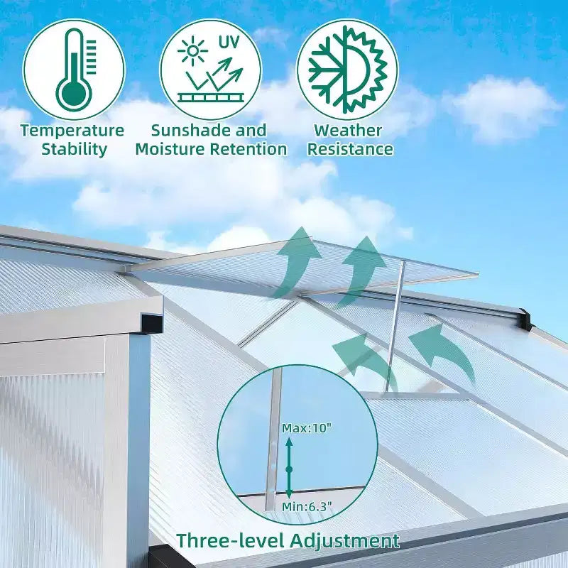Serre d'extérieur, Serre en polycarbonate avec structure à montage rapide et lucarne de toit, Serres en aluminium résistantes pour jardin, pelouse