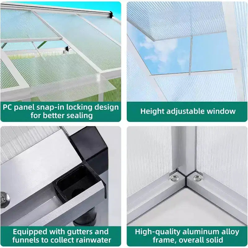 Serre d'extérieur, Serre en polycarbonate avec structure à montage rapide et lucarne de toit, Serres en aluminium résistantes pour jardin, pelouse