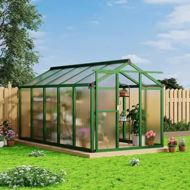 Serre d'extérieur, Serre en polycarbonate avec structure à montage rapide et lucarne de toit, Serres en aluminium résistantes pour jardin, pelouse