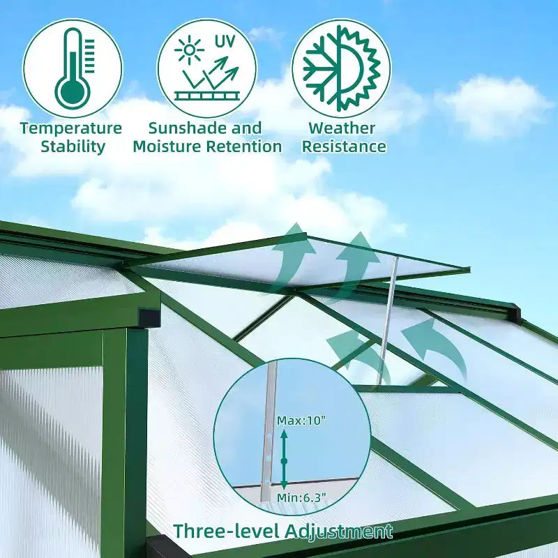 Serre d'extérieur, Serre en polycarbonate avec structure à montage rapide et lucarne de toit, Serres en aluminium résistantes pour jardin, pelouse