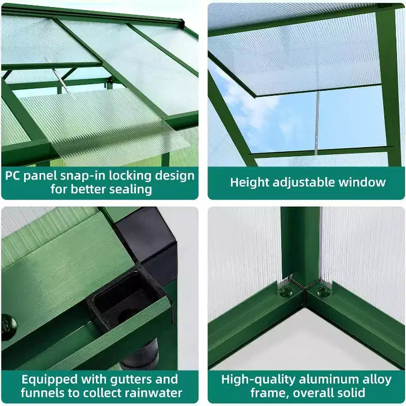 Serre d'extérieur, Serre en polycarbonate avec structure à montage rapide et lucarne de toit, Serres en aluminium résistantes pour jardin, pelouse