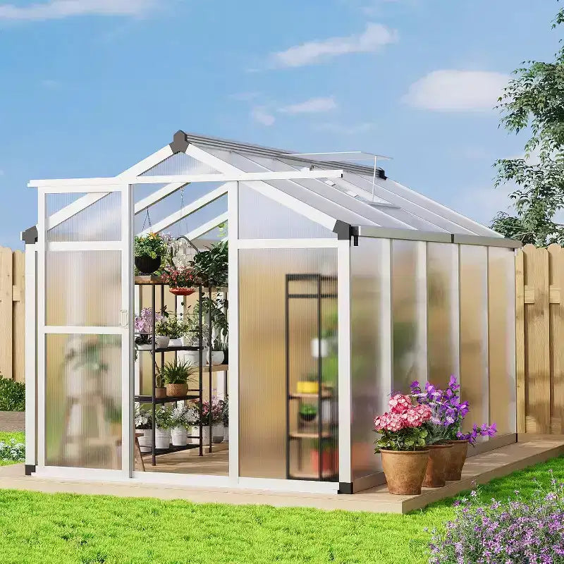 Serre d'extérieur, Serre en polycarbonate avec structure à montage rapide et lucarne de toit, Serres en aluminium résistantes pour jardin, pelouse