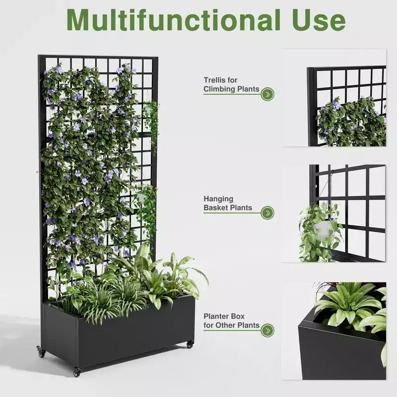Jardinière murale rectangulaire en métal noir avec treillis pour plantes grimpantes, 183 cm (H) x 89 cm (L)