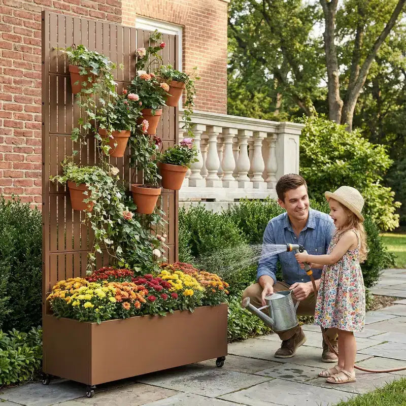 Jardinière d'extérieur rectangulaire en métal gris de 72 x 35 pouces avec cadre d'escalade