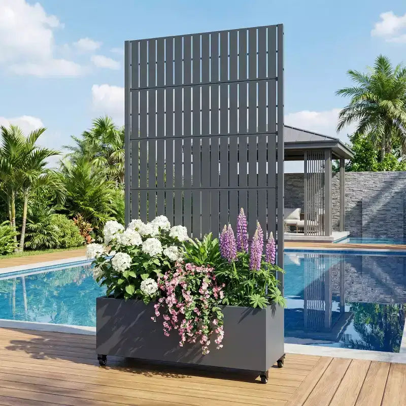Jardinière d'extérieur rectangulaire en métal gris de 72 x 35 pouces avec cadre d'escalade