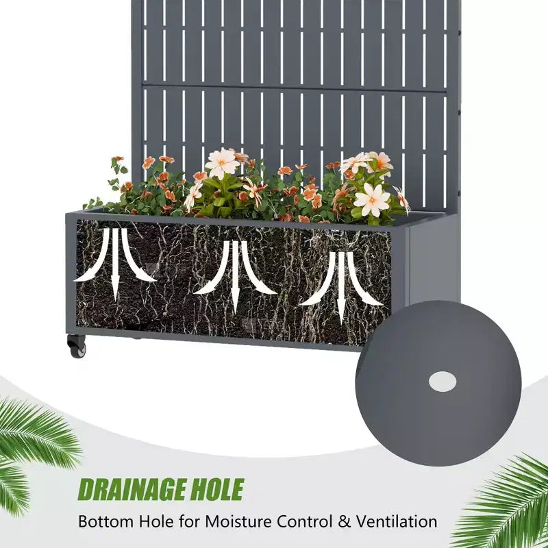 Jardinière d'extérieur rectangulaire en métal gris de 72 x 35 pouces avec cadre d'escalade
