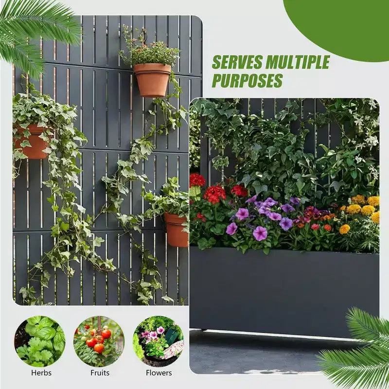 Jardinière d'extérieur rectangulaire en métal gris de 72 x 35 pouces avec cadre d'escalade