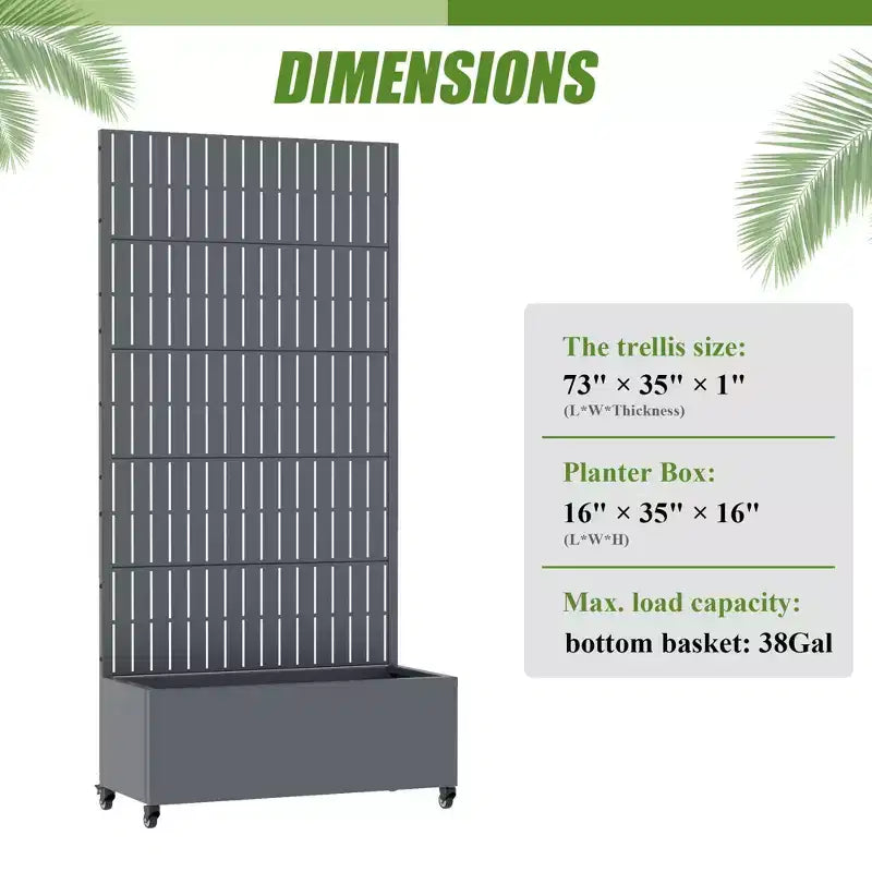 Jardinière d'extérieur rectangulaire en métal gris de 72 x 35 pouces avec cadre d'escalade