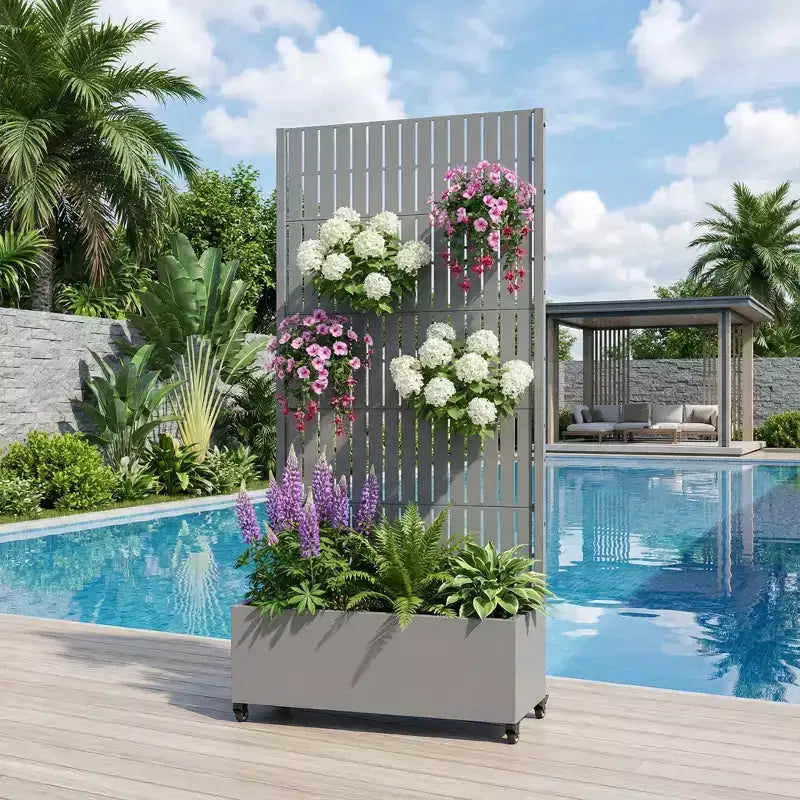 Jardinière d'extérieur rectangulaire en métal gris de 72 x 35 pouces avec cadre d'escalade