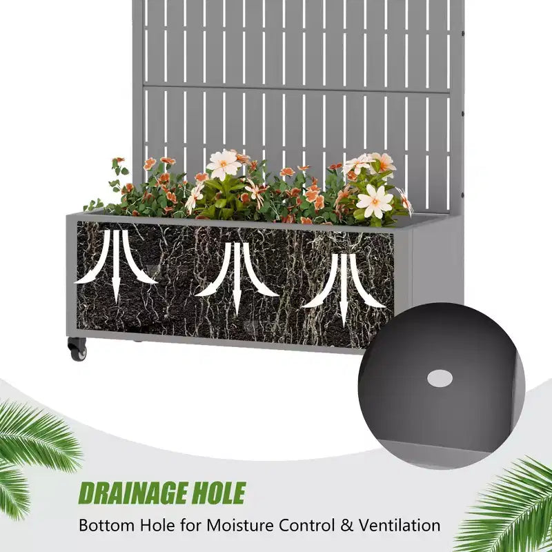 Jardinière d'extérieur rectangulaire en métal gris de 72 x 35 pouces avec cadre d'escalade
