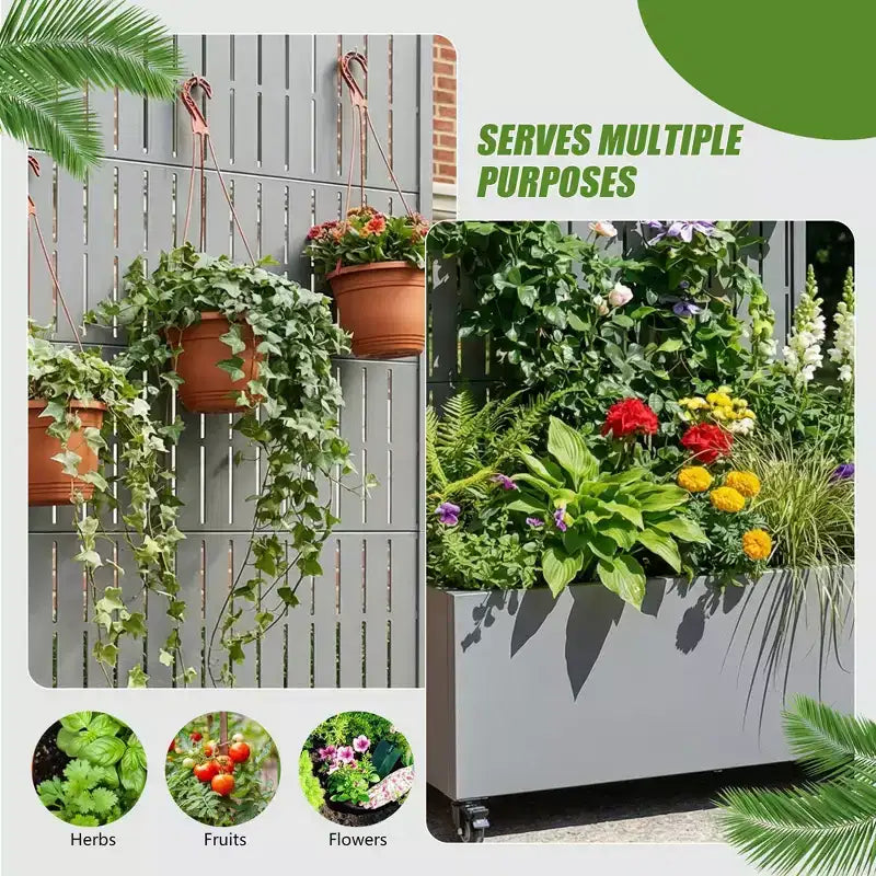 Jardinière d'extérieur rectangulaire en métal gris de 72 x 35 pouces avec cadre d'escalade