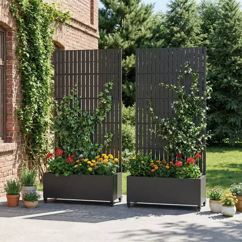 Jardinière d'extérieur rectangulaire en métal gris de 72 x 35 pouces avec cadre d'escalade