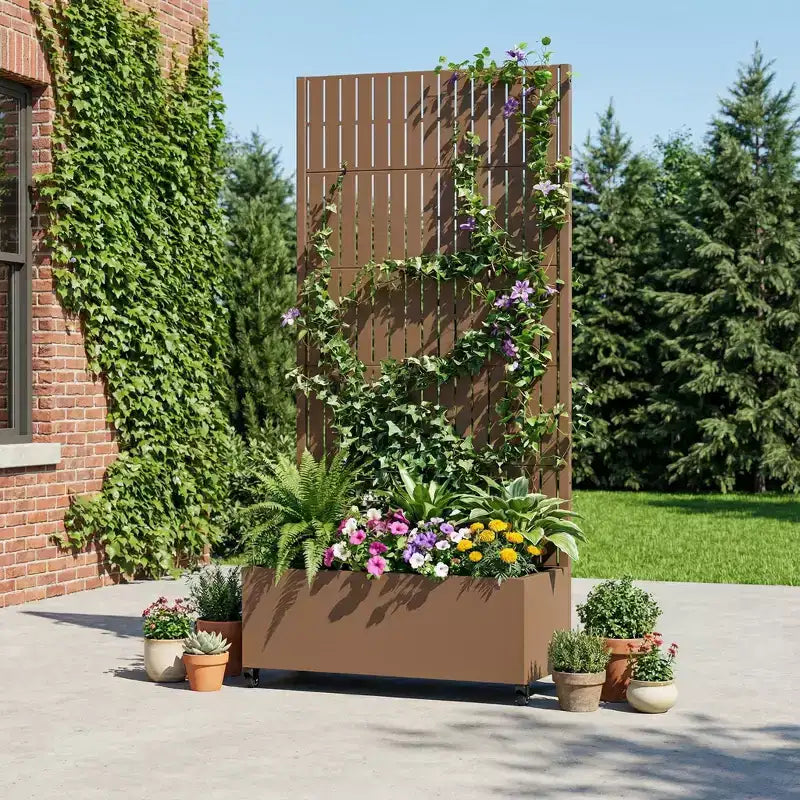 Jardinière d'extérieur rectangulaire en métal gris de 72 x 35 pouces avec cadre d'escalade