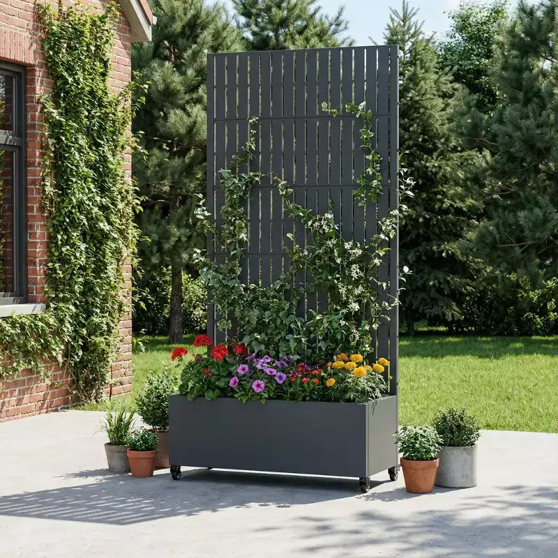 Jardinière d'extérieur rectangulaire en métal gris de 72 x 35 pouces avec cadre d'escalade