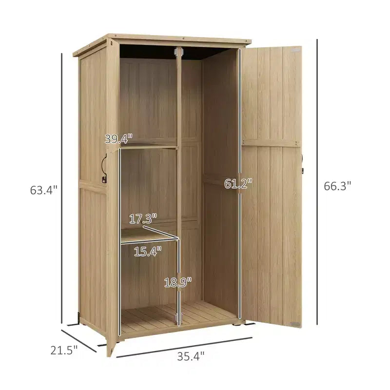 Wooden Outdoor Storage Cabinet Garden Shed with Waterproof Asphalt Roof and Lockable Doors, Natural