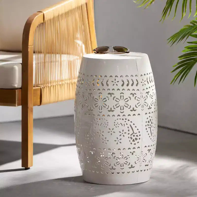 NAYSAYE Lace Cut Barrel Accent End Table Sculptural Metal Surface for Patio Garden Living Room Backyard, 12.25*12.25*18