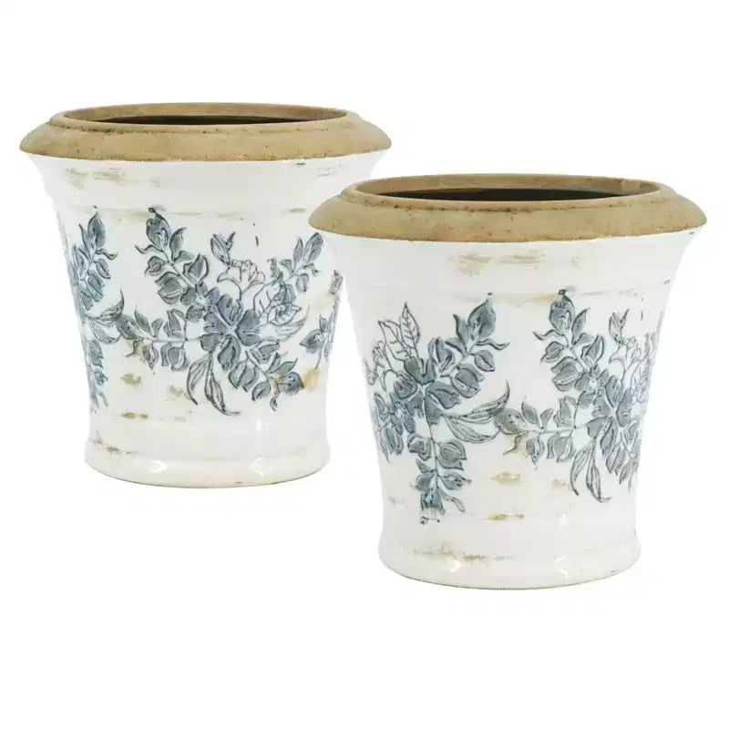 NAYSAYE 7 Inch Ceramic Floral Planter Set 2 Piece Vintage European Style for Tabletop Shelf Home Decor, White and Black, 7.1*7.1*6.7