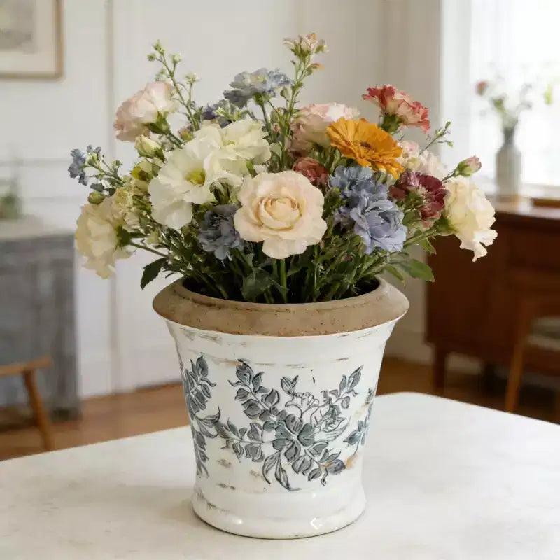 Lot de 2 jardinières florales en céramique de style européen vintage pour dessus de table, étagère ou décoration intérieure, blanc et noir, 7.1*7.1*6.7