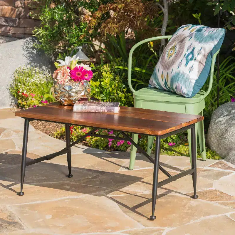 Christopher Knight Home Gabriel Modern Patio Rectangle Acacia Wood and Iron Coffee Table with Angled Tubular Legs