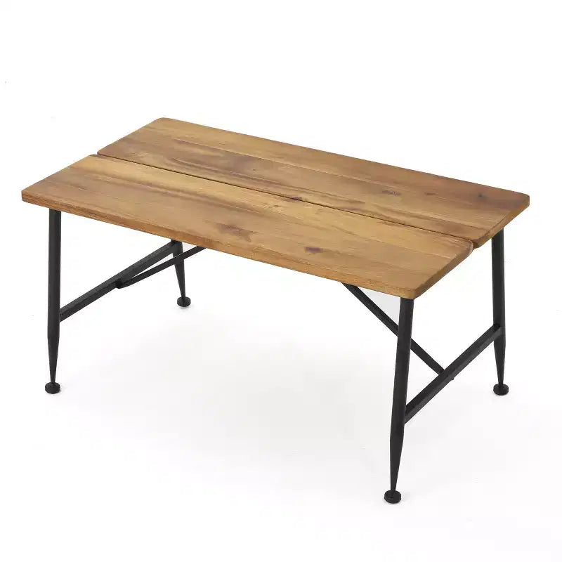 Table basse rectangulaire de patio moderne en bois d'acacia et fer avec pieds tubulaires inclinés