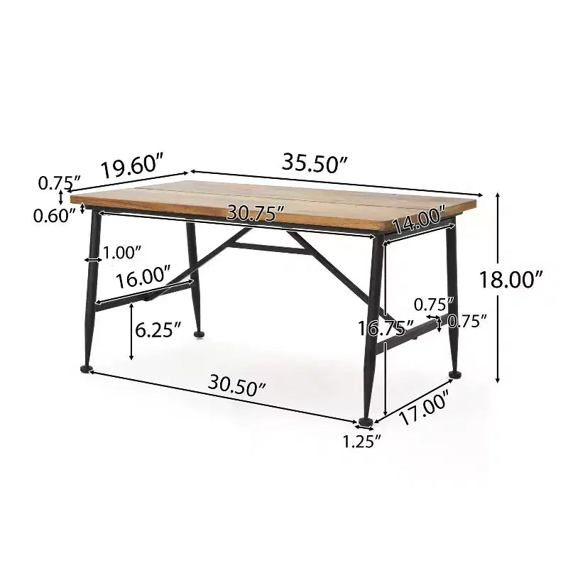 Table basse rectangulaire de patio moderne en bois d'acacia et fer avec pieds tubulaires inclinés