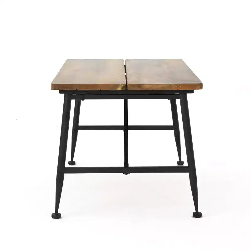 Table basse rectangulaire de patio moderne en bois d'acacia et fer avec pieds tubulaires inclinés