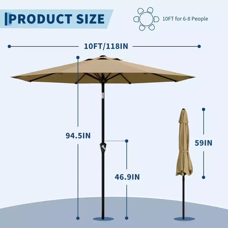 Parasol de Patio 10FT - Parasol d'extérieur avec manivelle fluide, bouton poussoir d'inclinaison et 8 baleines robustes, protection imperméable pour piscine, terrasse, jardin