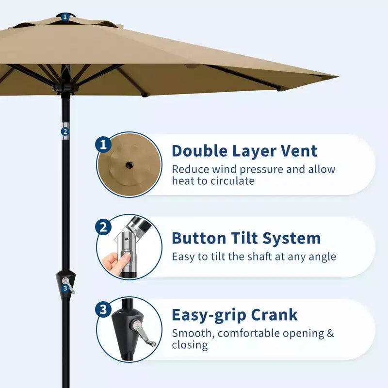 Parasol de Patio 10FT - Parasol d'extérieur avec manivelle fluide, bouton poussoir d'inclinaison et 8 baleines robustes, protection imperméable pour piscine, terrasse, jardin