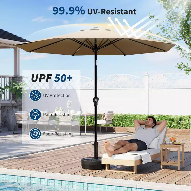 Parasol de Patio 10FT - Parasol d'extérieur avec manivelle fluide, bouton poussoir d'inclinaison et 8 baleines robustes, protection imperméable pour piscine, terrasse, jardin