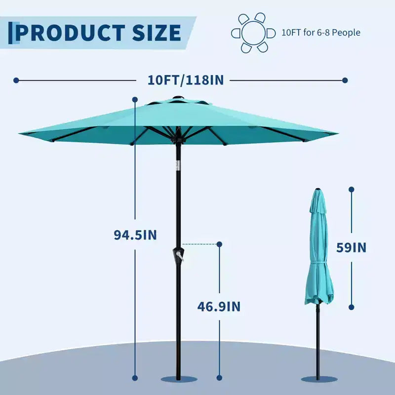 Parasol de Patio 10FT - Parasol d'extérieur avec manivelle fluide, bouton poussoir d'inclinaison et 8 baleines robustes, protection imperméable pour piscine, terrasse, jardin
