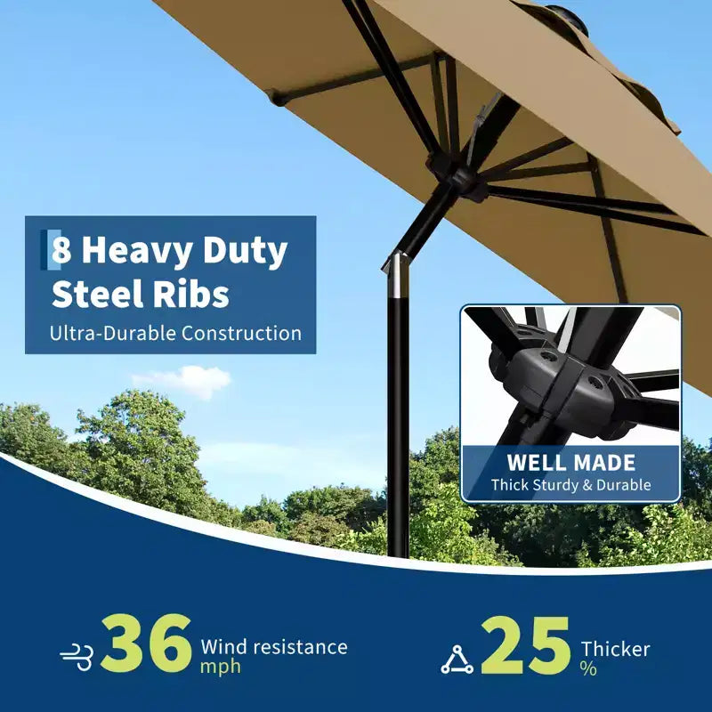 Parasol de Patio 10FT - Parasol d'extérieur avec manivelle fluide, bouton poussoir d'inclinaison et 8 baleines robustes, protection imperméable pour piscine, terrasse, jardin