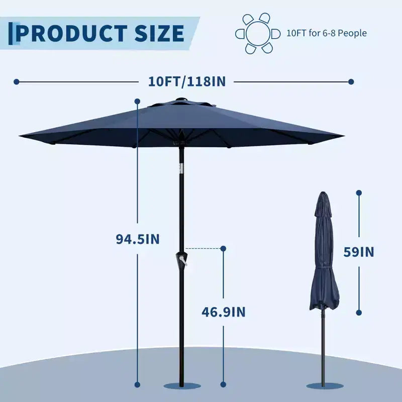 Parasol de Patio 10FT - Parasol d'extérieur avec manivelle fluide, bouton poussoir d'inclinaison et 8 baleines robustes, protection imperméable pour piscine, terrasse, jardin