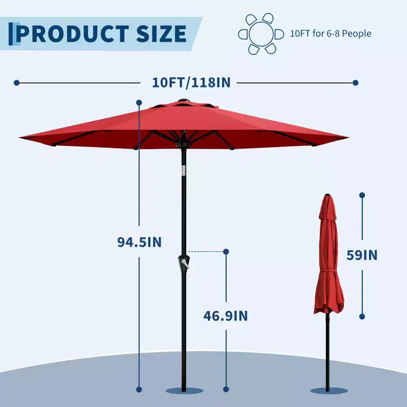 Parasol de Patio 10FT - Parasol d'extérieur avec manivelle fluide, bouton poussoir d'inclinaison et 8 baleines robustes, protection imperméable pour piscine, terrasse, jardin