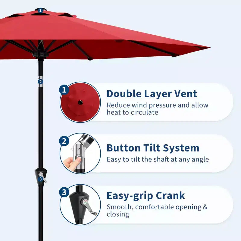 Parasol de Patio 10FT - Parasol d'extérieur avec manivelle fluide, bouton poussoir d'inclinaison et 8 baleines robustes, protection imperméable pour piscine, terrasse, jardin