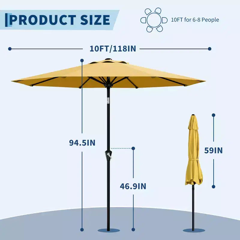 Parasol de Patio 10FT - Parasol d'extérieur avec manivelle fluide, bouton poussoir d'inclinaison et 8 baleines robustes, protection imperméable pour piscine, terrasse, jardin