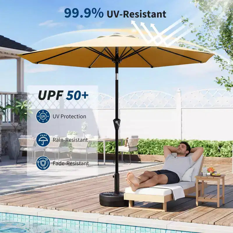 Parasol de Patio 10FT - Parasol d'extérieur avec manivelle fluide, bouton poussoir d'inclinaison et 8 baleines robustes, protection imperméable pour piscine, terrasse, jardin