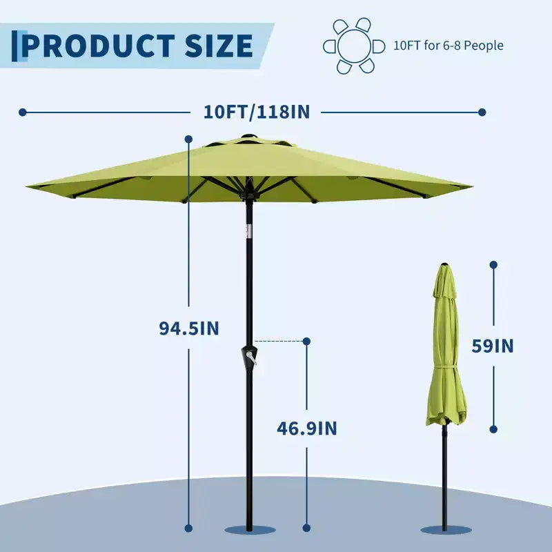 Parasol de Patio 10FT - Parasol d'extérieur avec manivelle fluide, bouton poussoir d'inclinaison et 8 baleines robustes, protection imperméable pour piscine, terrasse, jardin
