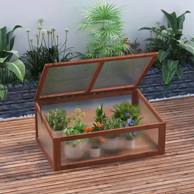 Serre froide en bois, mini-serre avec panneau en polycarbonate et cadre en bois massif, châssis froid, terrarium de jardin, 99 x 66 x 40 cm
