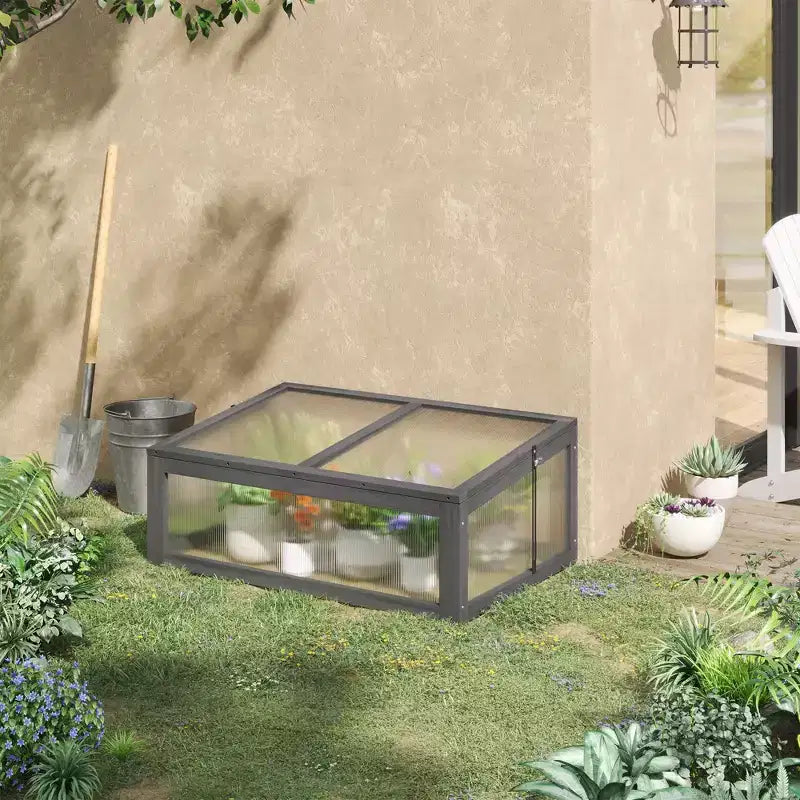 Serre froide en bois, mini-serre avec panneau en polycarbonate et cadre en bois massif, châssis froid, terrarium de jardin, 99 x 66 x 40 cm