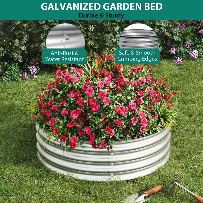 Lot de 3 Carrés Potagers Ronds en Métal surélevés, Jardinières sans Fond en Acier Galvanisé avec Bord en Caoutchouc, Faciles à Assembler pour l'Extérieur