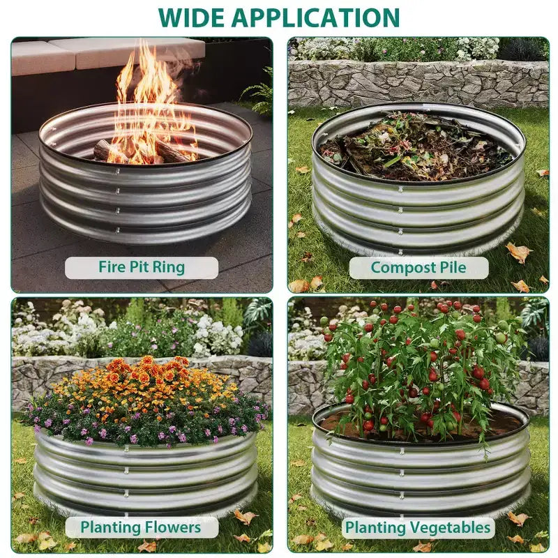 Lot de 3 Carrés Potagers Ronds en Métal surélevés, Jardinières sans Fond en Acier Galvanisé avec Bord en Caoutchouc, Faciles à Assembler pour l'Extérieur