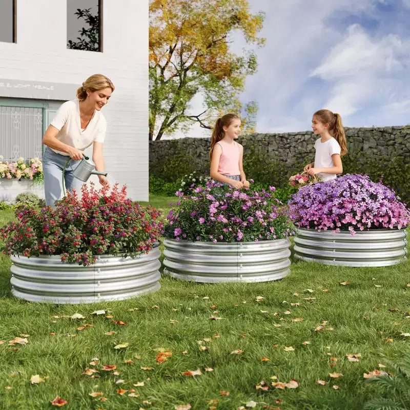 Lot de 3 Carrés Potagers Ronds en Métal surélevés, Jardinières sans Fond en Acier Galvanisé avec Bord en Caoutchouc, Faciles à Assembler pour l'Extérieur