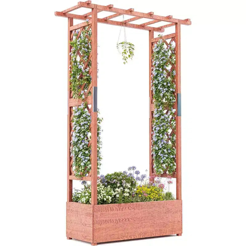 Wooden Elevated Garden Planter Box with Trellis,Sturdy Side Supports,Protective Canopy & 4 Drainage Holes for Climbing Plants,Vegetables