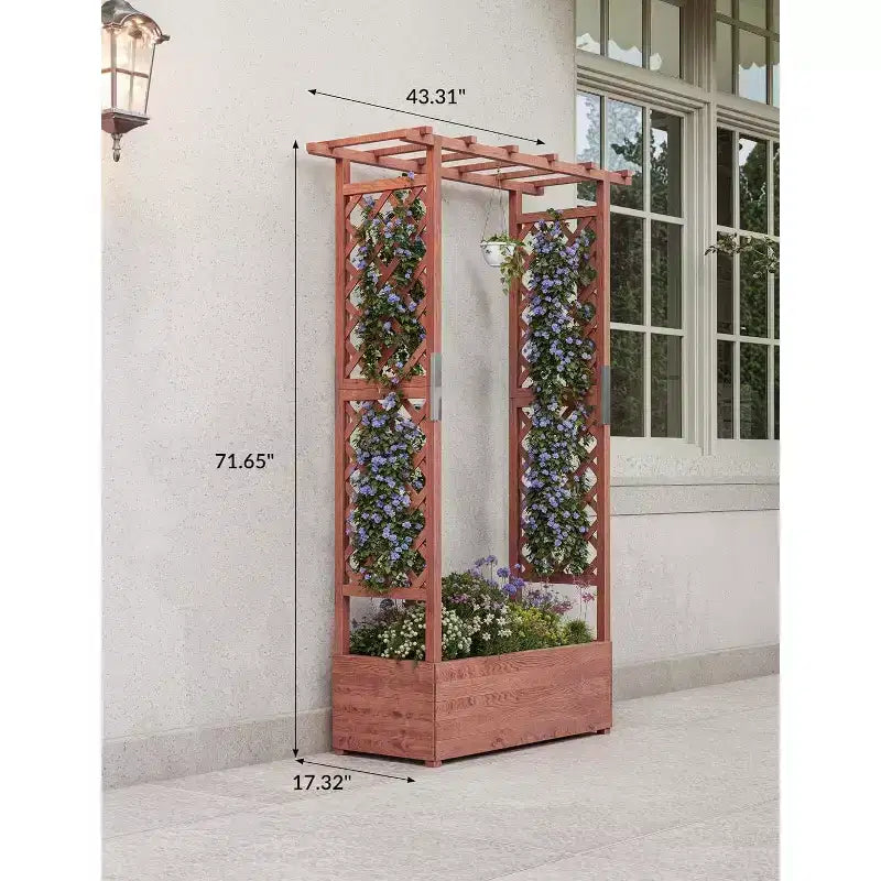 Jardinière surélevée en bois avec treillis, supports latéraux robustes, auvent de protection et 4 trous de drainage pour plantes grimpantes et légumes
