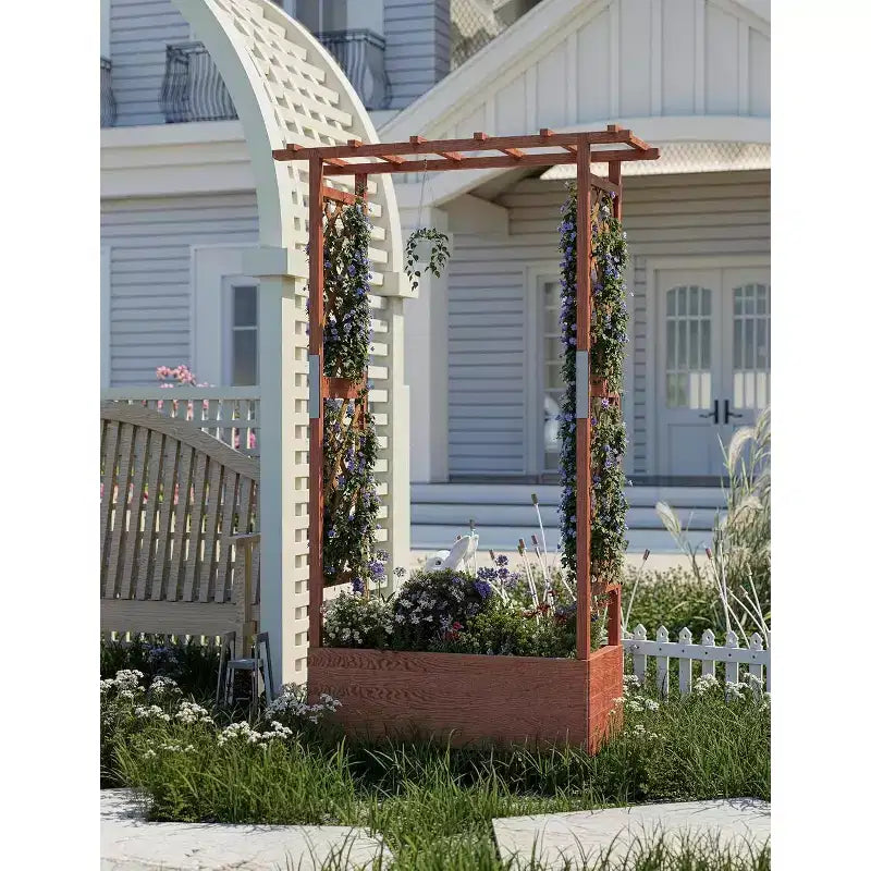 Jardinière surélevée en bois avec treillis, supports latéraux robustes, auvent de protection et 4 trous de drainage pour plantes grimpantes et légumes